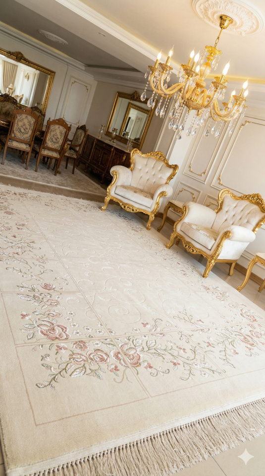 UŞAK SARAY İPEKSİ SAFİ YÜN DOKUMA ÜZERİNDE İPEK FLOŞ SÜSLEME MUHTEŞEM SALON HALISI