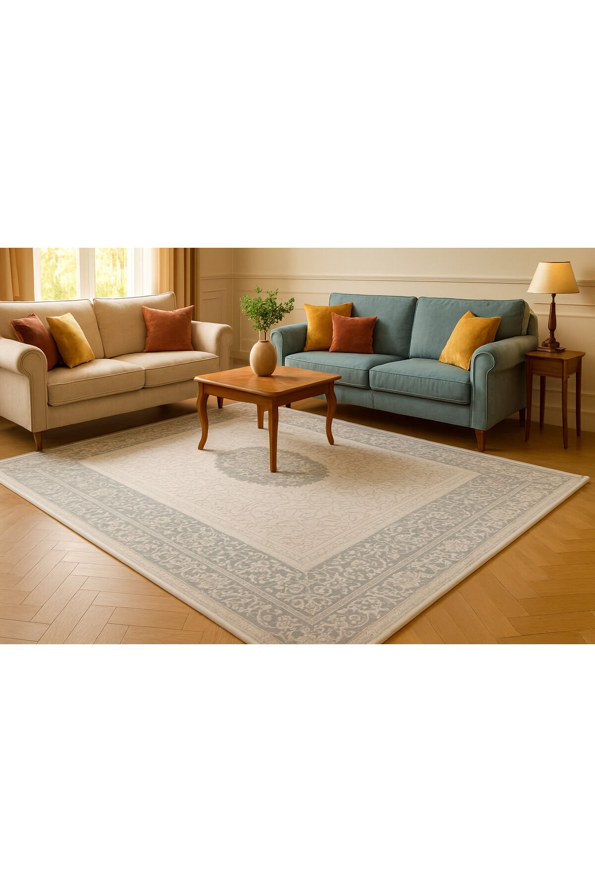 ZİRVE SARAY  SIK DOKUMA KALIN AKRİLİK MUHTEŞEM SALON HALISI Su Yeşi̇li̇ Krem - 200 X 290