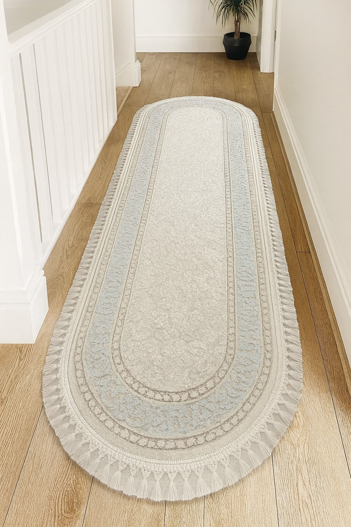 HERA SIK DOKUMA AKRİLİK OVAL HALI Krem Mavi - 80 X 150