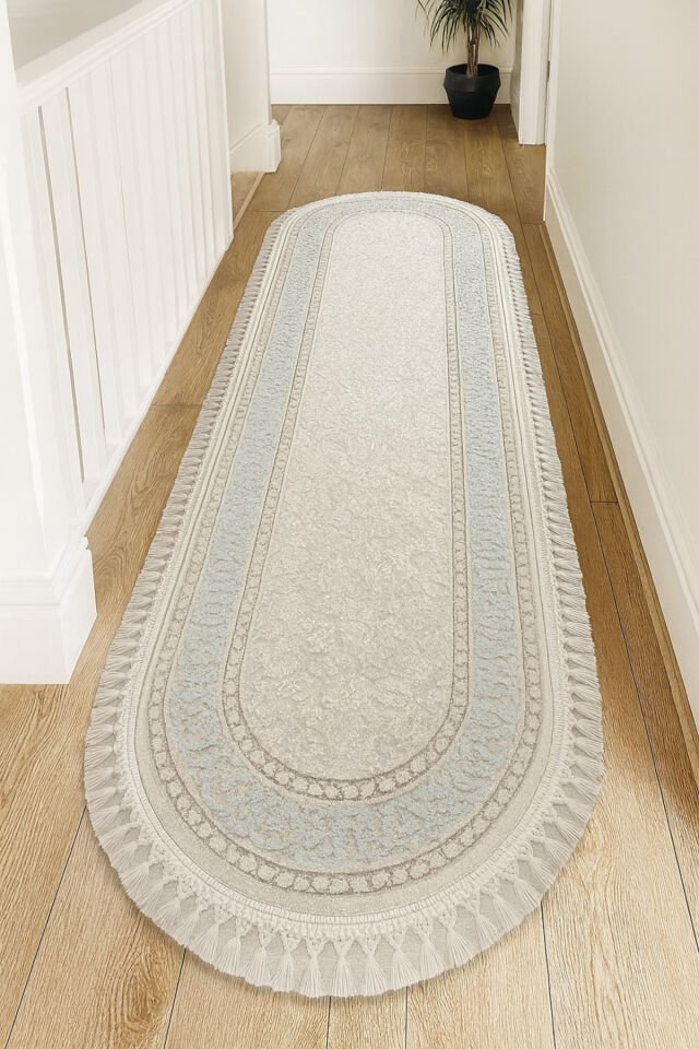 HERA SIK DOKUMA AKRİLİK OVAL HALI Krem Mavi - 80 X 150