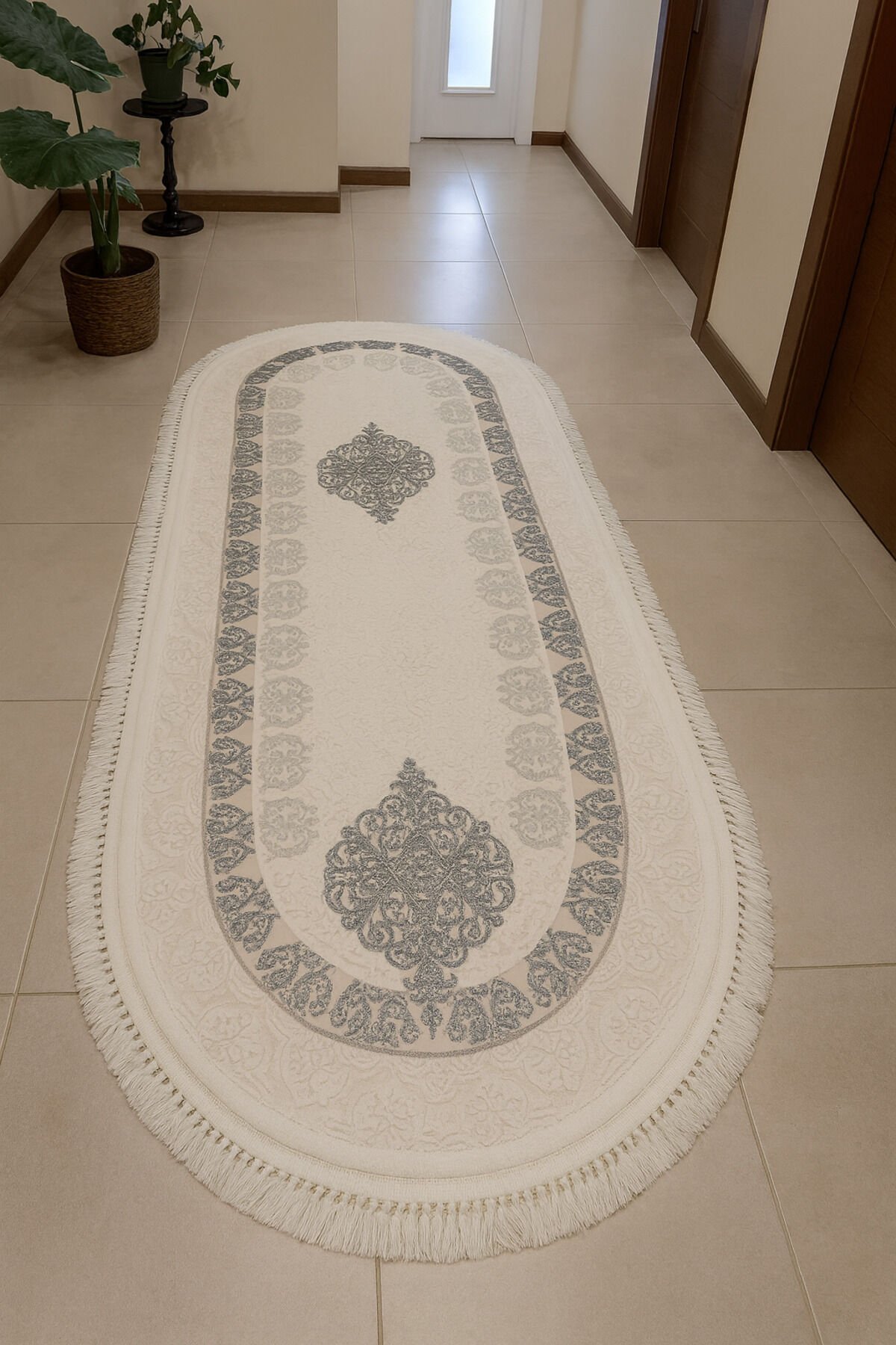 HERA SIK DOKUMA AKRİLİK OVAL HALI Krem Gri - 80 X 150