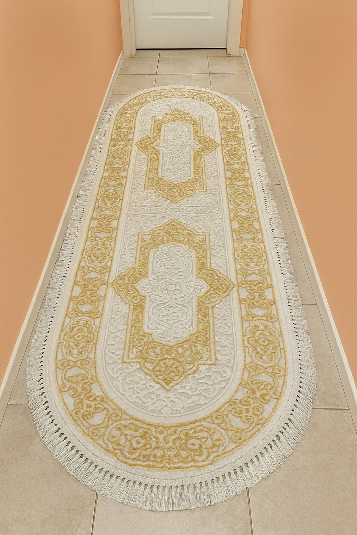 HERA SIK DOKUMA AKRİLİK OVAL HALI Krem Altın - 80 X 150
