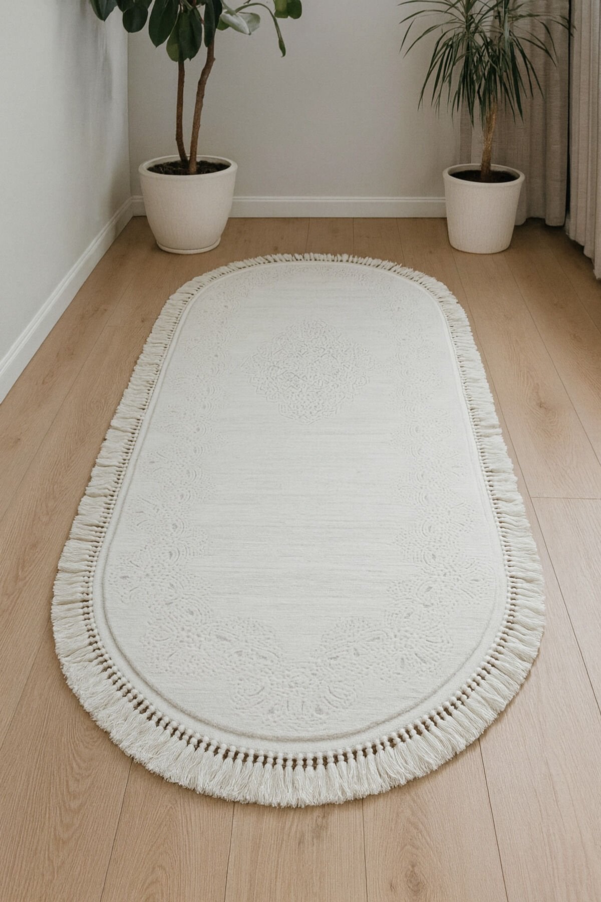 HERA SIK DOKUMA AKRİLİK OVAL HALI Krem - 80 X 150