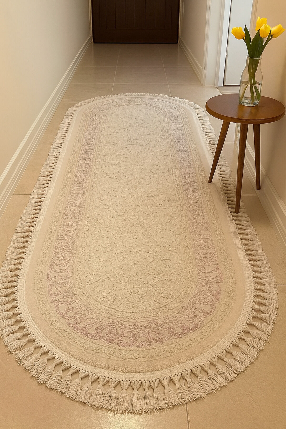 HERA SIK DOKUMA AKRİLİK OVAL HALI Krem Pembe - 80 X 150