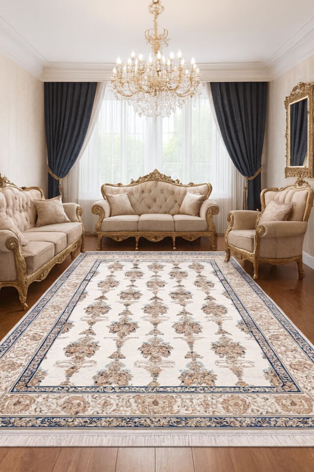 İMPARATOR İPEK AKRİLİK IŞILTILI ORTA KALINLIKTA MUHTEŞEM SALON HALISI Krem - 200 X 300