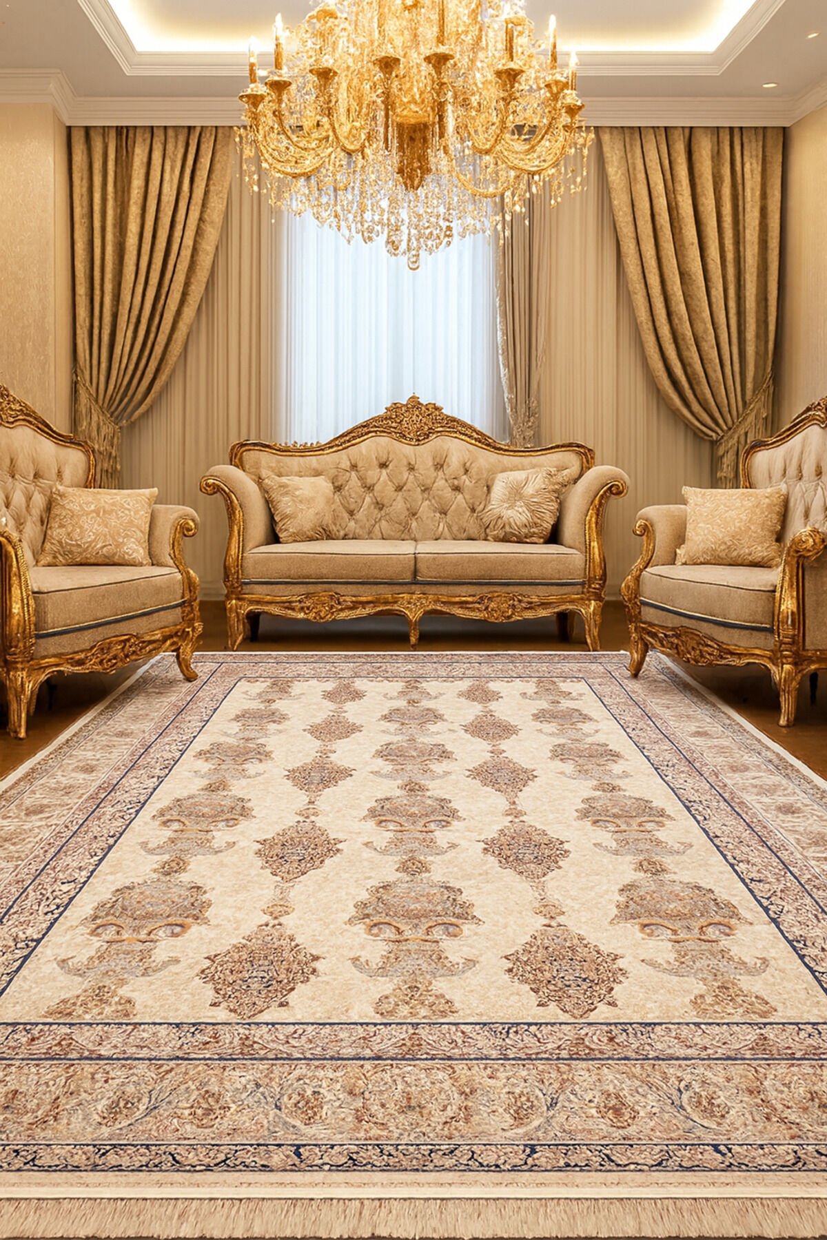 İMPARATOR İPEK AKRİLİK IŞILTILI ORTA KALINLIKTA MUHTEŞEM SALON HALISI Krem - 200 X 300