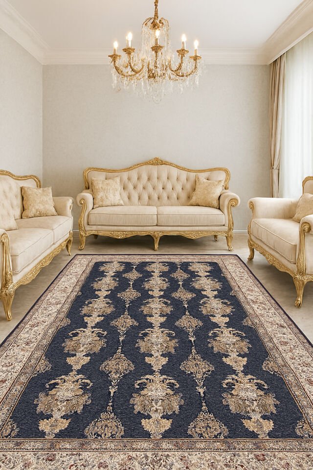 İMPARATOR İPEK AKRİLİK IŞILTILI ORTA KALINLIKTA MUHTEŞEM SALON HALISI Lacivert - 160 X 230