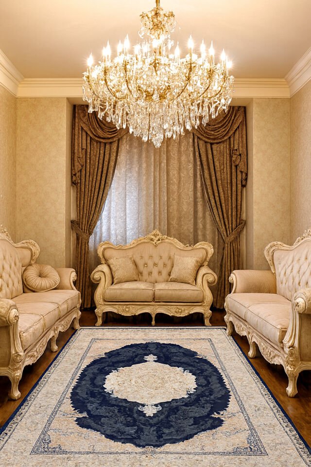İMPARATOR İPEK AKRİLİK IŞILTILI ORTA KALINLIKTA MUHTEŞEM SALON HALISI Lacivert - 200 X 300