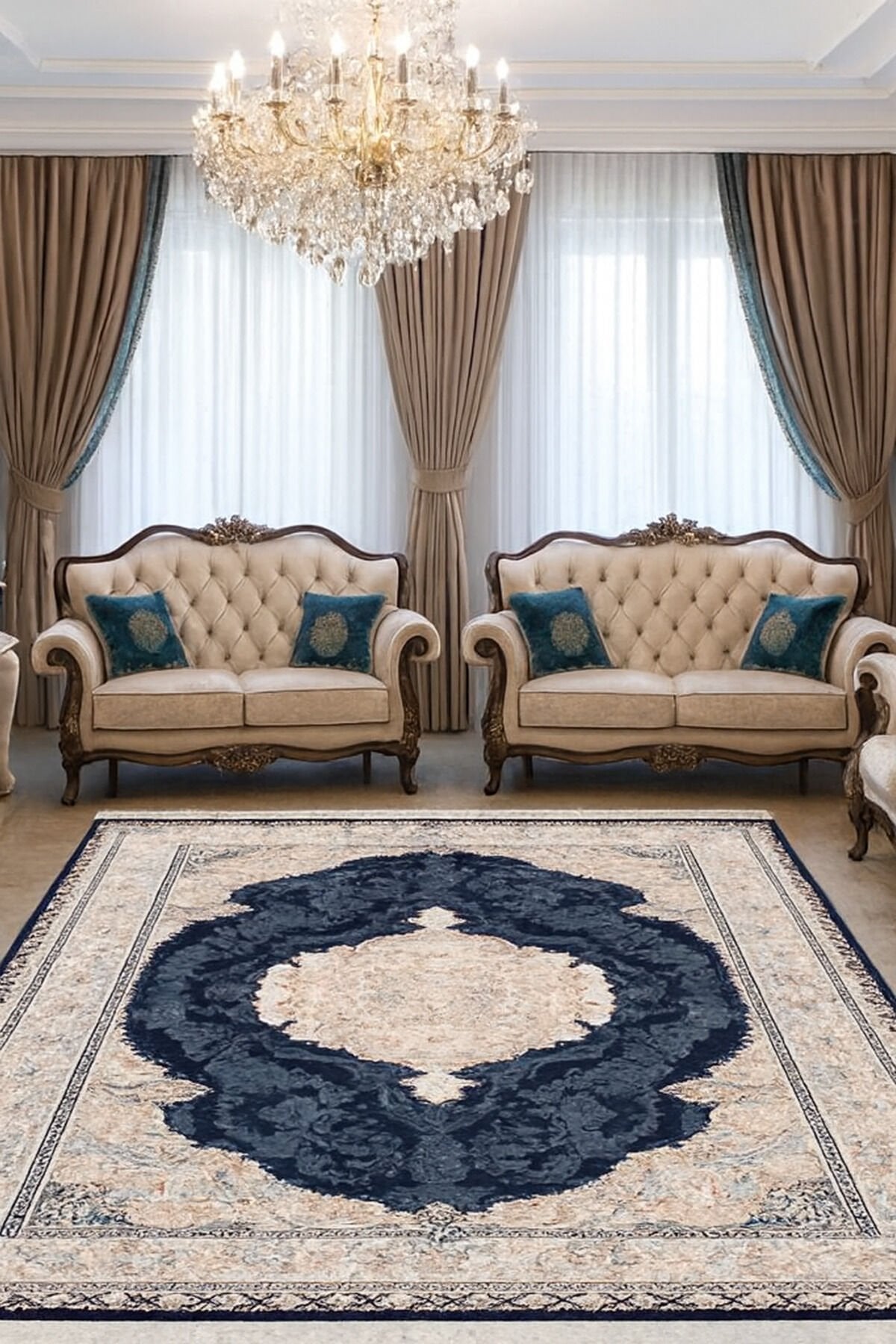 İMPARATOR İPEK AKRİLİK IŞILTILI ORTA KALINLIKTA MUHTEŞEM SALON HALISI Lacivert - 200 X 300