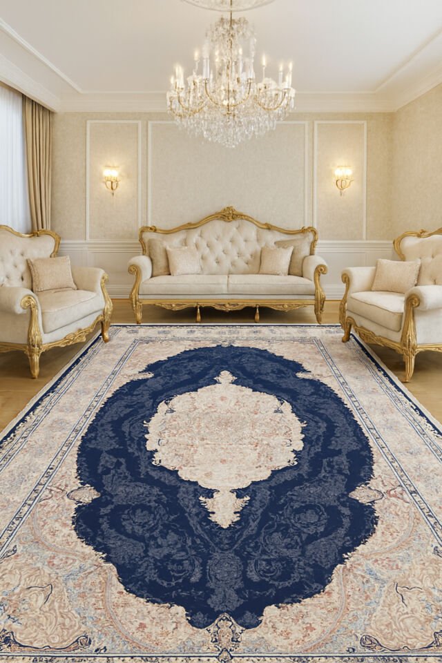 İMPARATOR İPEK AKRİLİK IŞILTILI ORTA KALINLIKTA MUHTEŞEM SALON HALISI Lacivert - 200 X 300