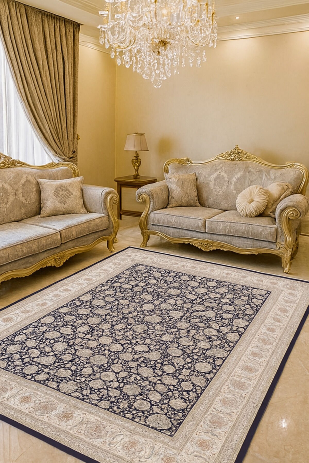 İMPARATOR İPEK AKRİLİK IŞILTILI ORTA KALINLIKTA MUHTEŞEM SALON HALISI Lacivert - 240 X 340