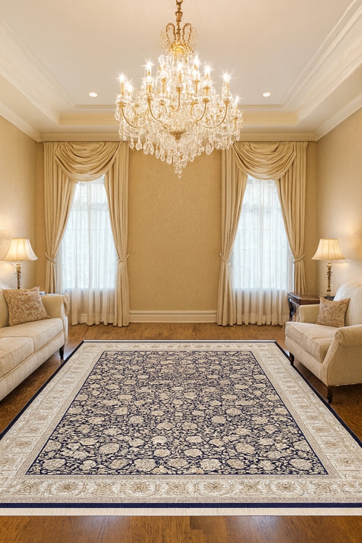 İMPARATOR İPEK AKRİLİK IŞILTILI ORTA KALINLIKTA MUHTEŞEM SALON HALISI Lacivert - 160 X 230