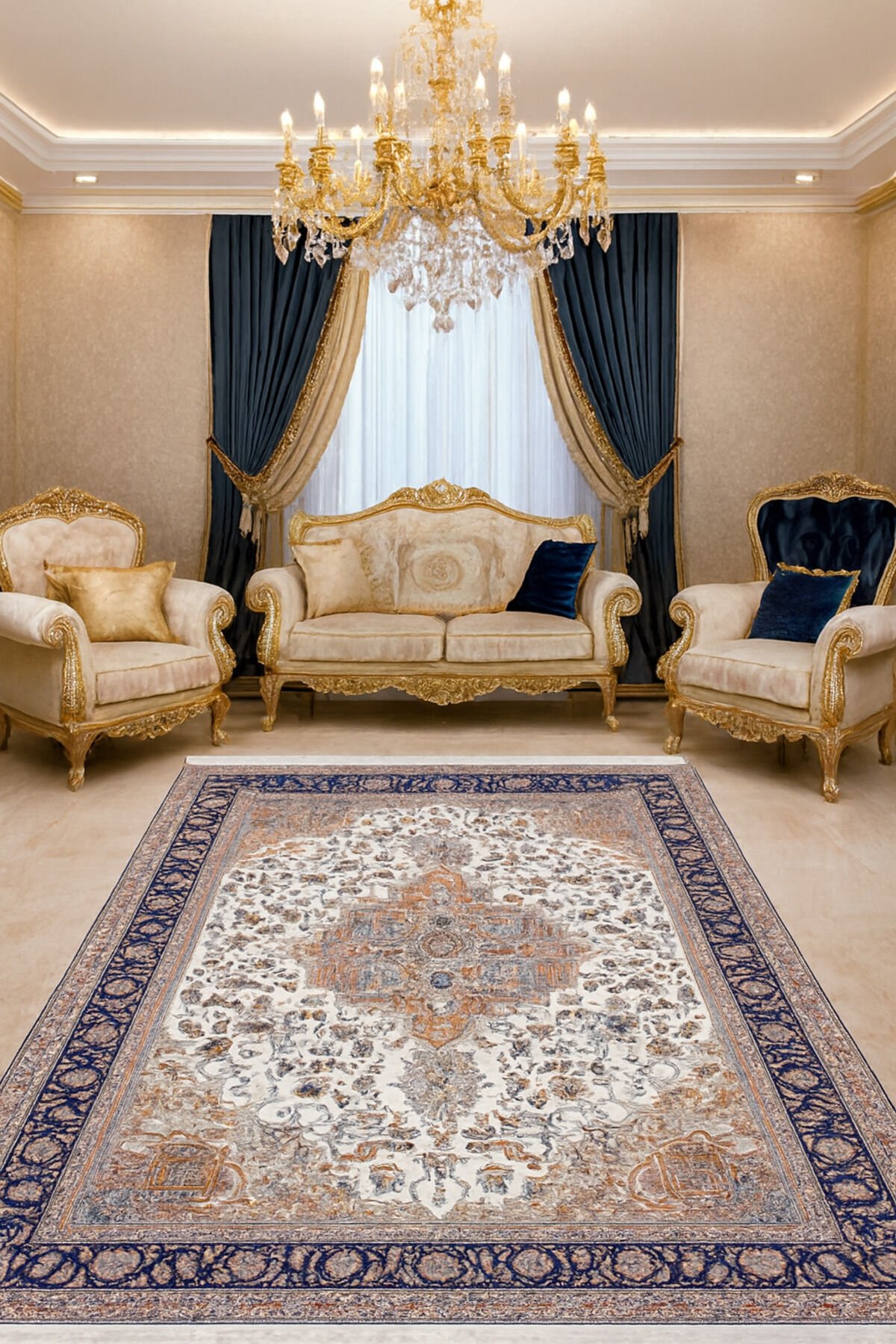 İMPARATOR İPEK AKRİLİK IŞILTILI ORTA KALINLIKTA MUHTEŞEM SALON HALISI Lacivert Gri̇ - 240 X 340