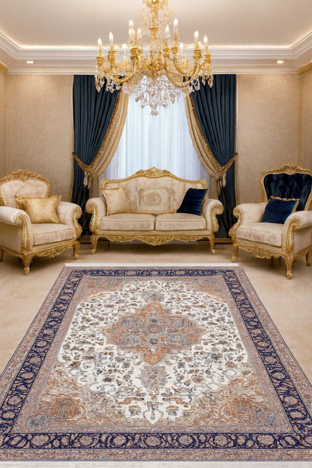 İMPARATOR İPEK AKRİLİK IŞILTILI ORTA KALINLIKTA MUHTEŞEM SALON HALISI Lacivert Gri̇ - 160 X 230