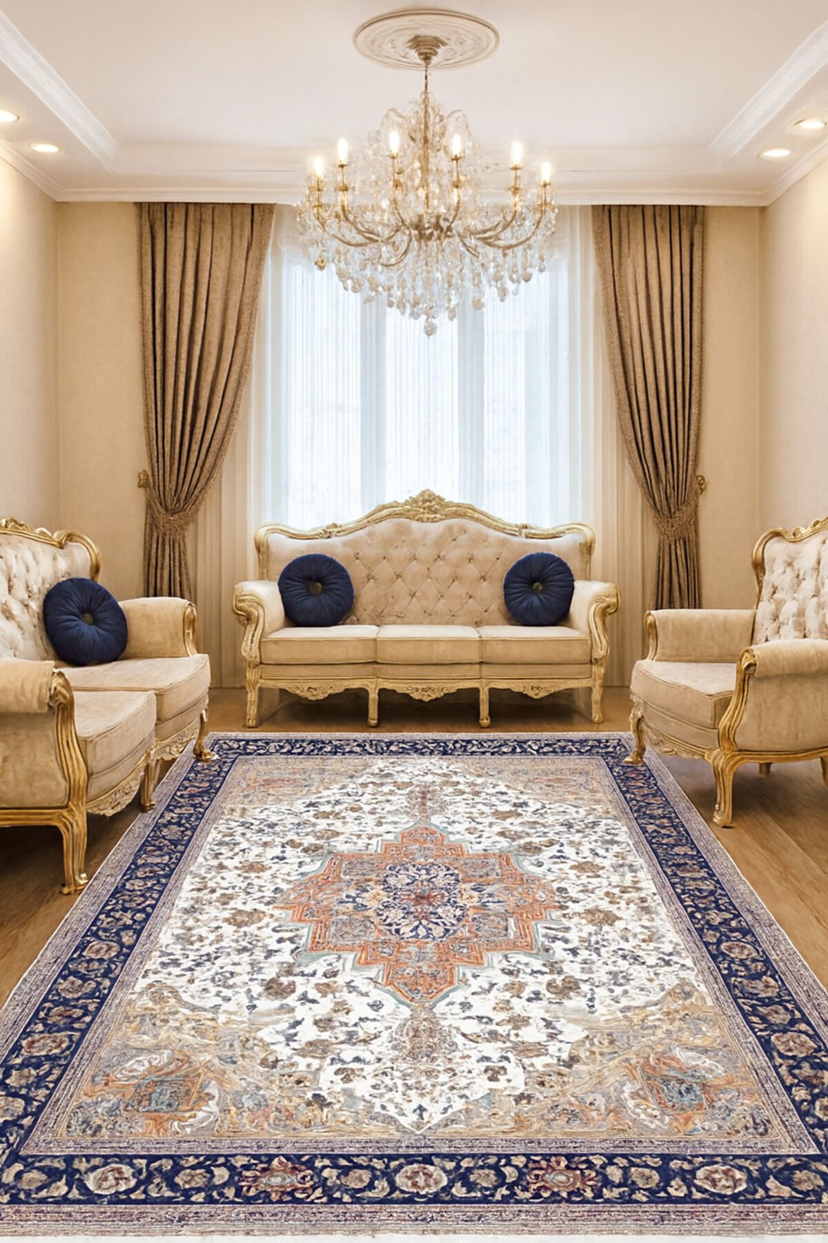 İMPARATOR İPEK AKRİLİK IŞILTILI ORTA KALINLIKTA MUHTEŞEM SALON HALISI Lacivert Gri̇ - 200 X 300
