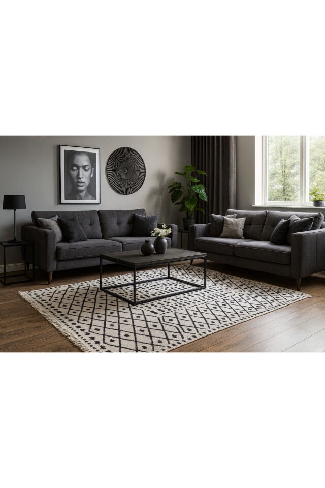 ALYA SIK DOKUMA ORTA KALINLIKTA AKRİLİK HALI Beyaz Si̇yah - 160 X 230